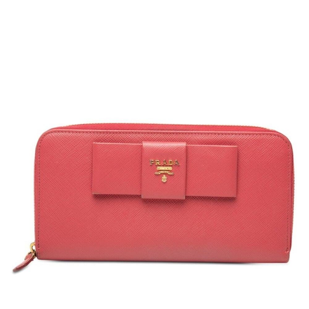 Prada Leather Fiocco Round Zipper Long Wallet Saffiano Pink